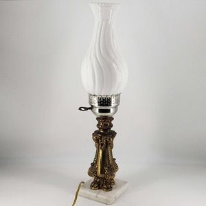 Vintage Marble Base Ornate Brass & Milk Glass Shade Electric Lamp